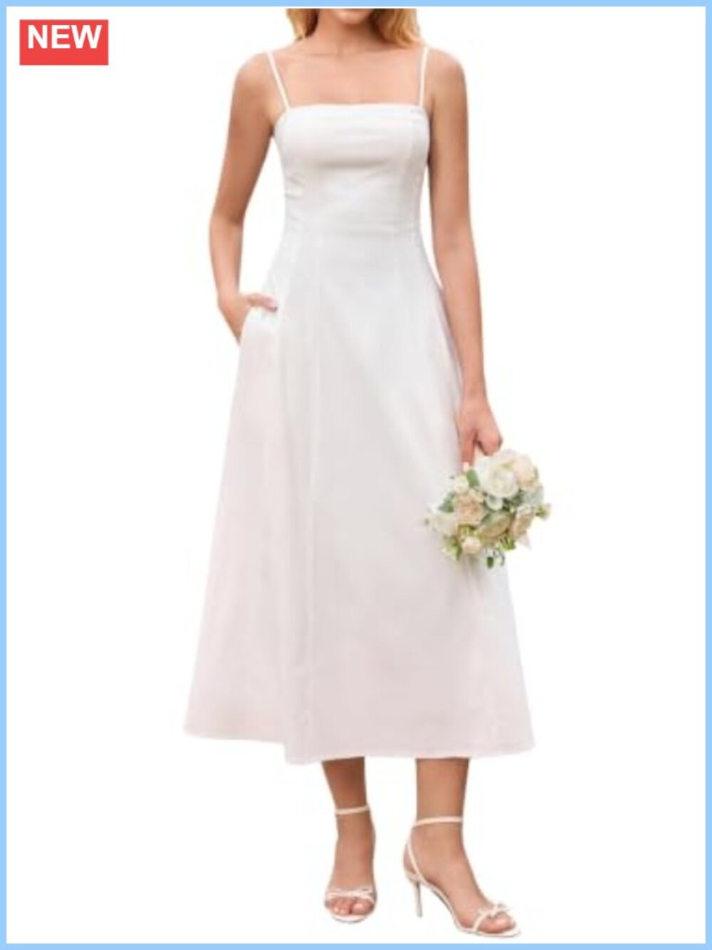 Flowy A-Line Midi Sundress Spaghetti Strap Square Neck Summer Wedding Guest
